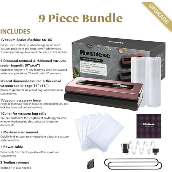 Mesliese Vacuum Sealer Machine Powerful 90Kpa Precision 6-in-1 Compact(Pink),New - Picture 9 of 10